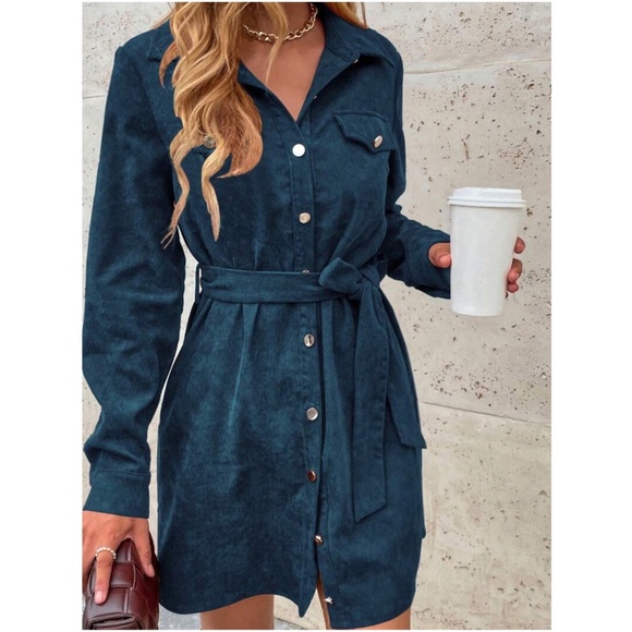 Corduroy dark Green Button Down Belted Long Sleeve Shirt Dress - Picture 6 of 14